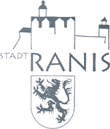 Logo der Stadt Ranis mit stilisierter Stadtansicht und Wappen mit schwarzem Löwen.