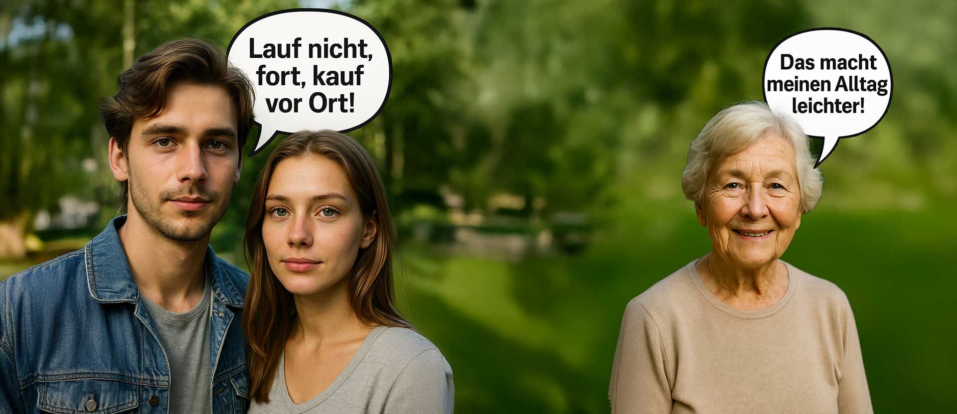 Junges Paar und Seniorin werben vor grünem Hintergrund für regionales Einkaufen; Sprechblasen: „Lauf nicht fort, kauf vor Ort!“ und „Das macht meinen Alltag leichter!“.