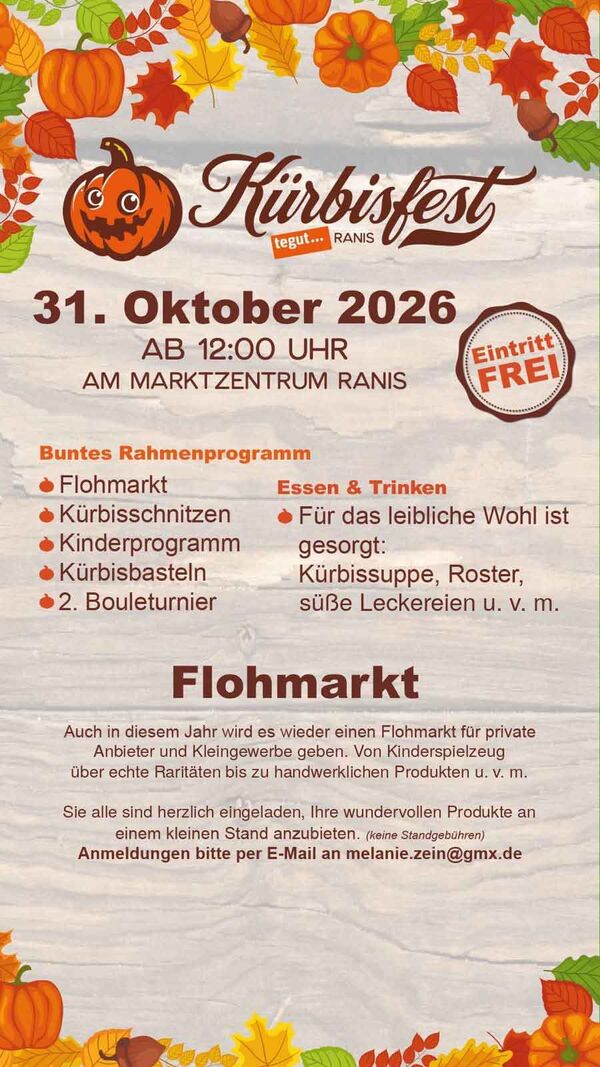 Plakat zum Kürbisfest in Ranis am 31. Oktober 2026 ab 12 Uhr am Marktzentrum Ranis mit Flohmarkt, Kürbisschnitzen, Kinderprogramm und Bouleturnier.