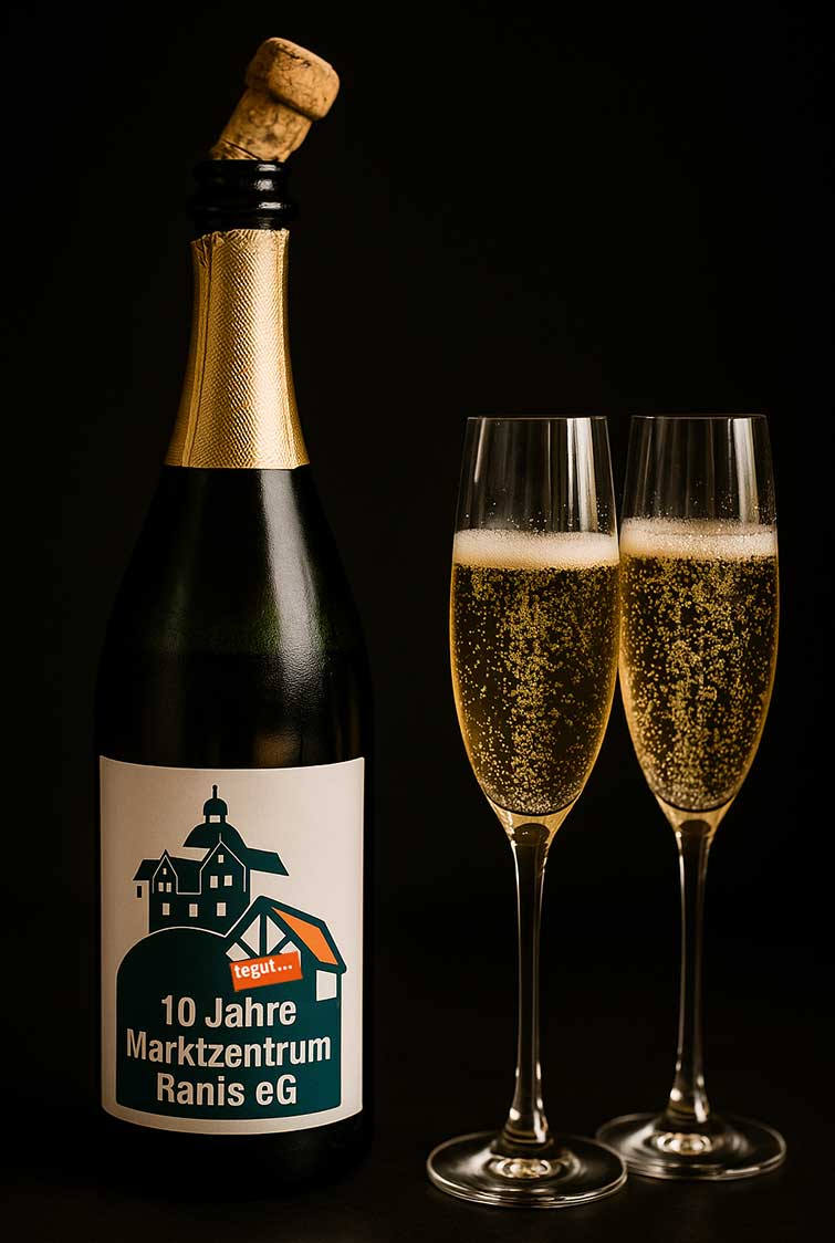 Sektflasche mit Logo und Aufschrift ‚10 Jahre Marktzentrum Ranis eG‘ sowie zwei gefüllte Gläser zur Jubiläumsfeier der Genossenschaft.“