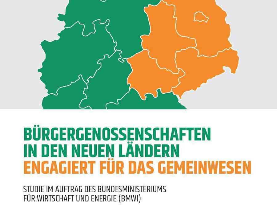 Titelseite der Studie ‚Bürgergenossenschaften in den neuen Ländern – Engagiert für das Gemeinwesen‘ mit farbiger Deutschlandkarte. Studie im Auftrag des Bundesministeriums für Wirtschaft und Energie (BMWi)
